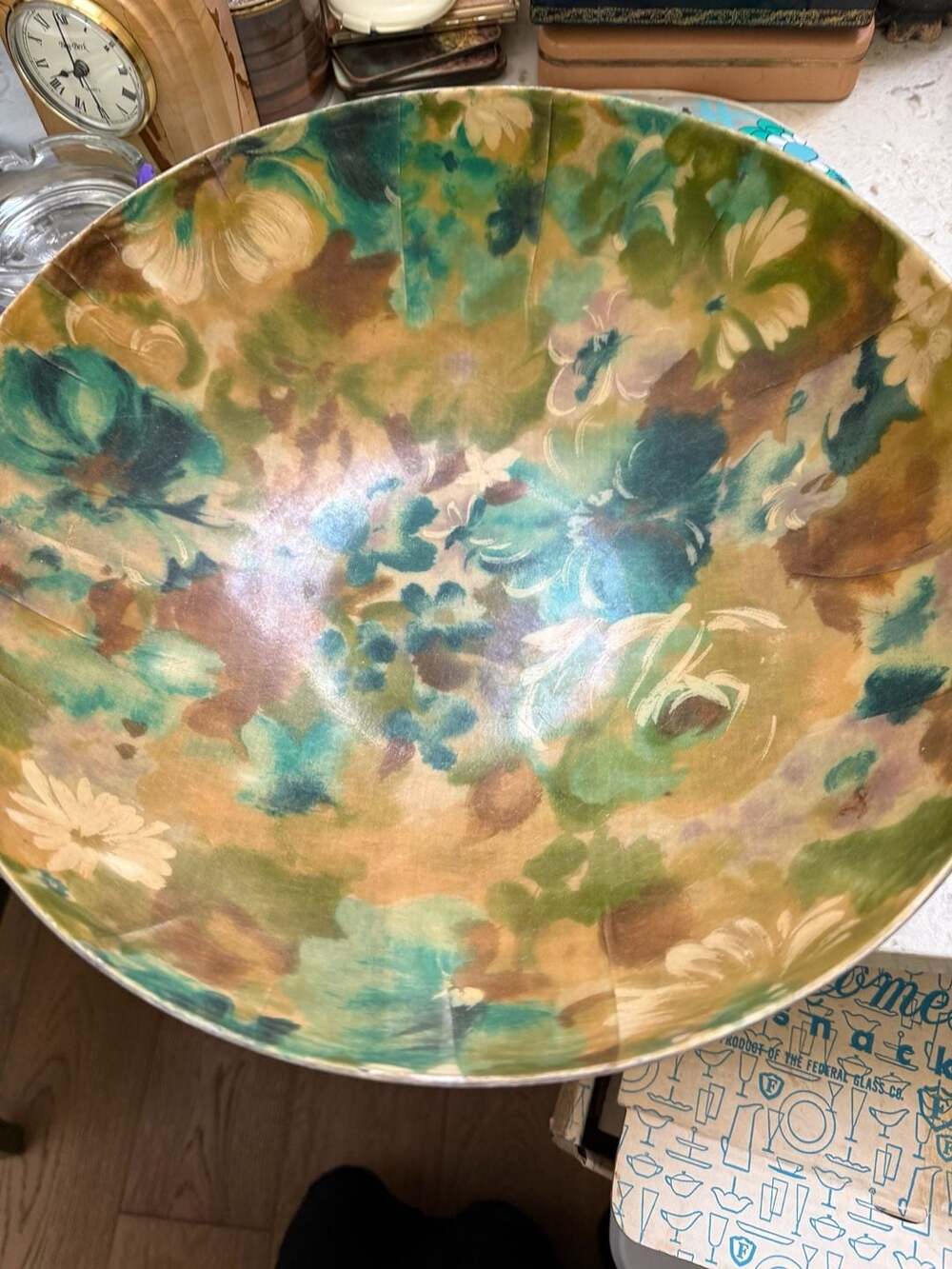 Vintage Mid-Century Modern Floral Fiberglass Serving Bowl Green Blue